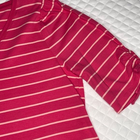 Talbots Cotton Pink Ruched Sleeve V Neck Tee - Picture 6 of 9